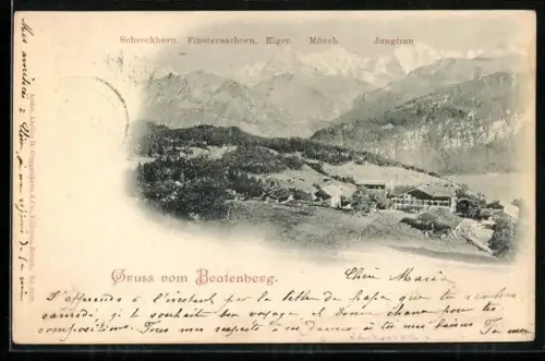 AK Beatenberg, Ortsansicht mit Schreckhorn, Finsteraarhorn, Eiger