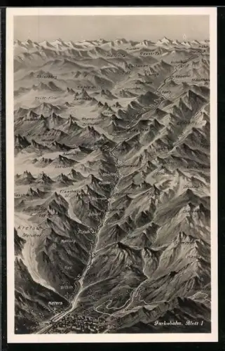 Künstler-AK Naters, Strecke der Furkabahn mit Münster, Grengiols und Aletsch-Gletscher