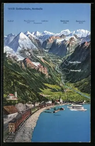 AK Flüelen, Gotthardbahn, Panorama mit Gotthard-Tunnel, Pfaffensprung und Galenstock