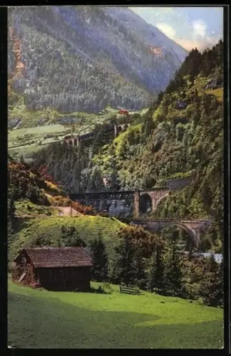 AK Wassen, Blick auf die drei Eisenbahnlinien der Gotthardbahn