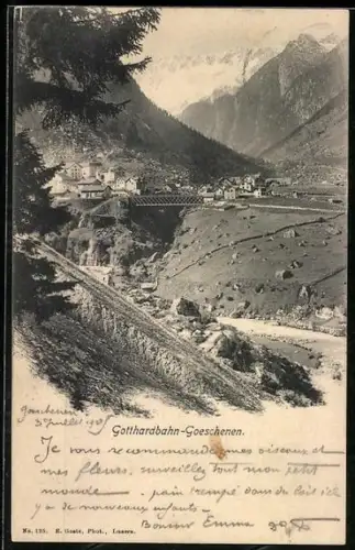 AK Gotthardbahn-Goeschenen, Panorama mit Brücke