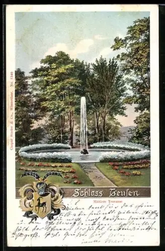 AK Teufen, Schloss, Mittlere Terrasse mit Springbrunnen, Wappen