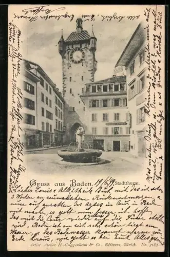 AK Baden, Stadtturm mit Brunnen