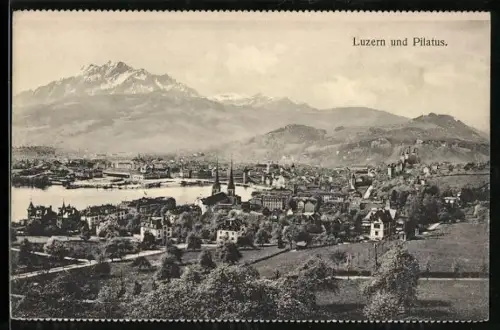 AK Luzern, Teilansicht mit Kirche und Pilatus