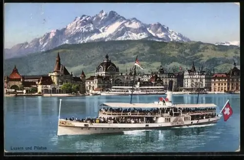 AK Luzern, Uferpartie mit Pilatus und Dampfer