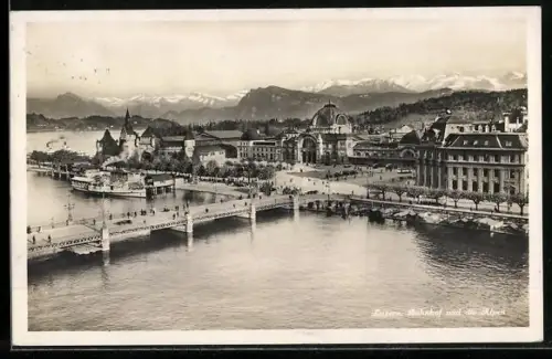 AK Luzern, Bahnhof und die Alpen
