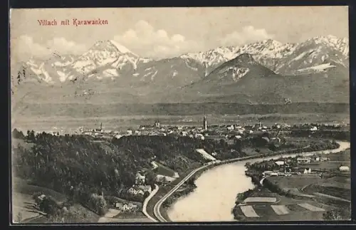 AK Villach, Teilansicht mit Karawanken