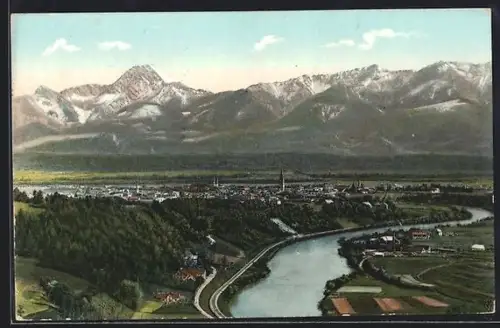 AK Villach, Teilansicht mit Karawanken