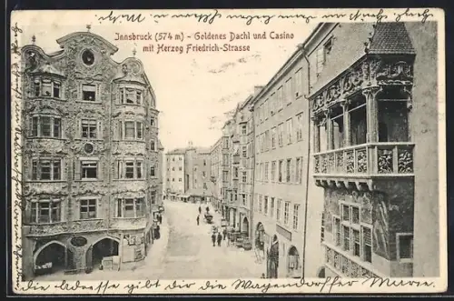 AK Innsbruck, Gasthaus Goldenes Dachl und Casino mit Herzog Friedrich-Strasse