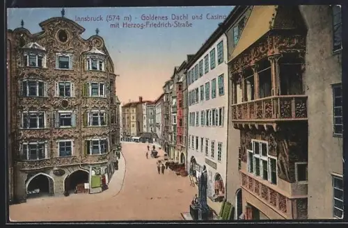 AK Innsbruck, Gasthaus Goldenes Dachl und Casino mit Herzog-Friedrich-Strasse