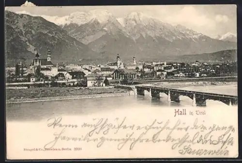 AK Hall in Tirol, Teilansicht mit Kirche und Brücke