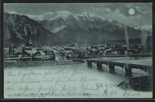 Mondschein-AK Hall in Tirol, Teilansicht mit Kirche und Brücke