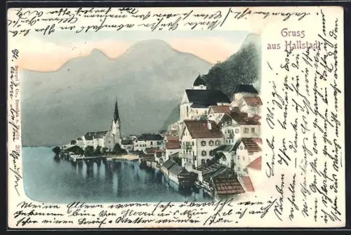 AK Hallstatt, Uferpartie mit Kirche