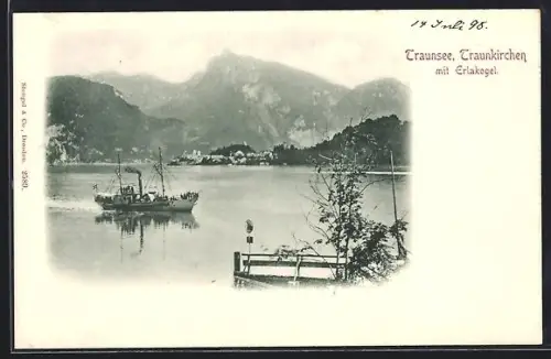 AK Traunkirchen, Traunsee mit Dampfer und Erlakogel
