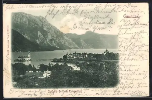 AK Gmunden, Blick auf den Ort am See, Berge