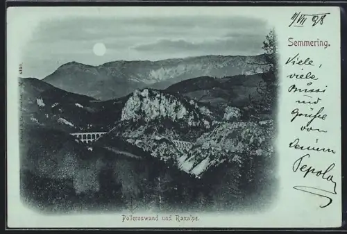 Mondschein-AK Semmering, Polleroswand und Raxalpe