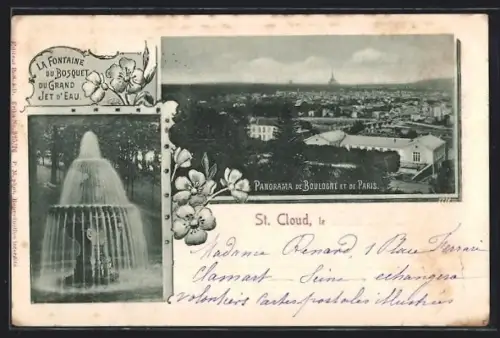AK St. Cloud, Panorama de Boulogne et de Paris, La Fontaine du Bosquet du Grand Jet d`Eau