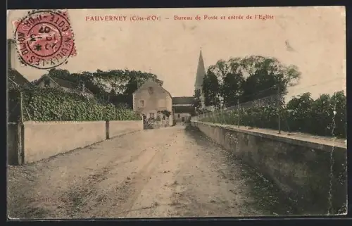 AK Fauverney /Côte-d`Or, Bureau de Poste et entrée de l`Eglise