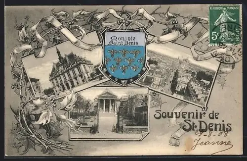 AK St-Denis, Souvenier, La Justice de Paix, La Mairie, Panorama avec l`Église