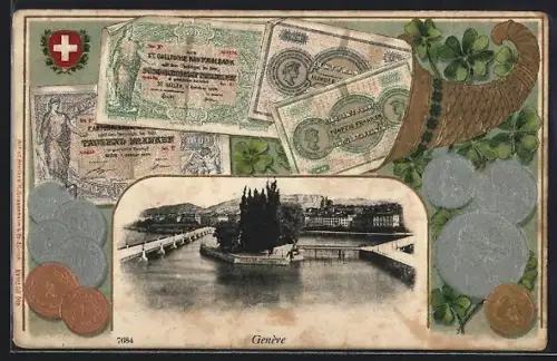 Präge-AK Genève, Panorama mit Geld und Füllhorn im Passepartout