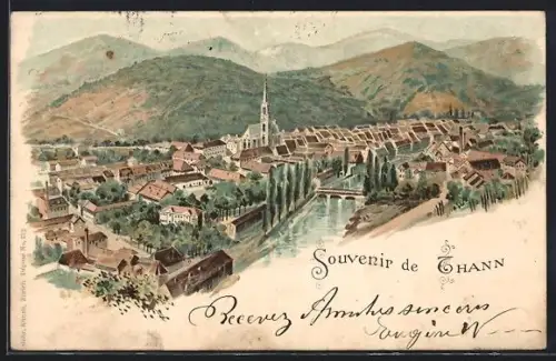 Lithographie Thann, Totalansicht aus der Vogelschau