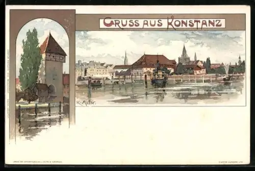 Künstler-AK Karl Mutter: Konstanz, Ortsansicht mit Wasserpartie
