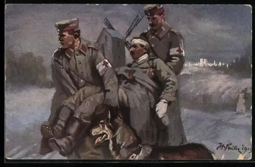 Künstler-AK Transport des vom Sanitätshund aufgestöberten Verwundeten Soldaten