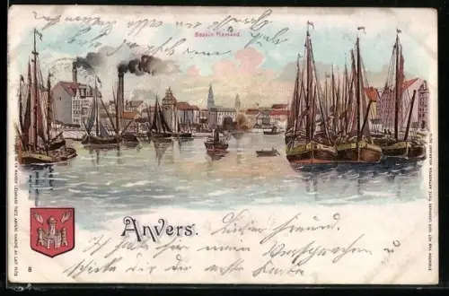 Lithographie Anvers, Bassin Flamand, Segelschiffe im Hafen