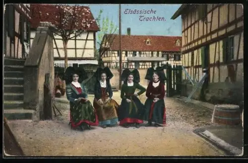 AK Elsässische Trachten, vier Frauen