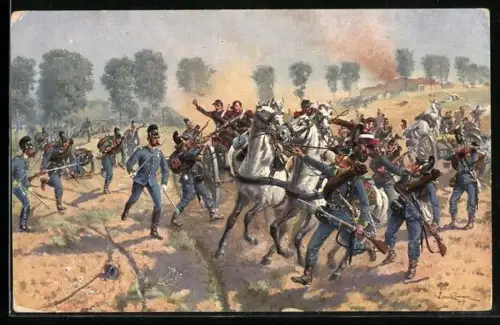 Künstler-AK 1. bayer. Jäger Bataillon in den Kämpfen bei Beaumont 1870