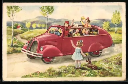 AK Mädchen mit Hund winkt Kindern in einem Autobus hinterher