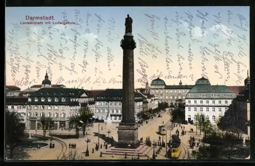 AK Darmstadt, Louisenplatz mit Ludwigssäule & Strassenbahn
