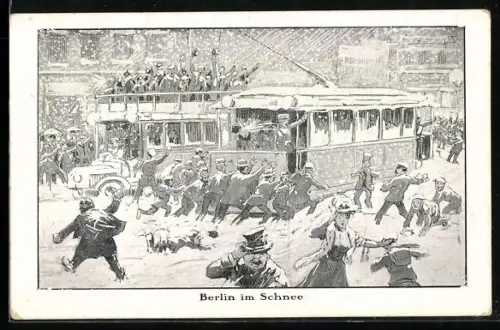 AK Berlin, Menschen schieben eine im Schnee steckengebliebende Strassenbahn