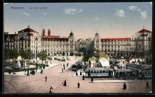 AK München, Strassenbahnen auf dem Karlstorrondell