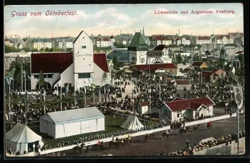 AK München, Oktoberfest, Löwenbräu mit Augustiner Festburg aus der Vogelschau