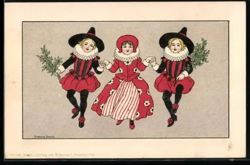 Künstler-AK Florence Hardy: Dresden, Kostümfest im Pensionat Küster-Bertram, Fasching, verkleidete Mädchen