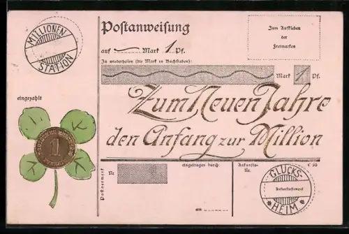 AK Postanweisung, Geldmünze im Kleeblatt, Postgeschichte, Neujahrsgruss