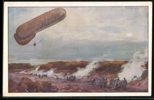 Künstler-AK Hans Rudolf Schulze: Fesselballon steigt auf um die Wirkung der Artillerie zu optimieren