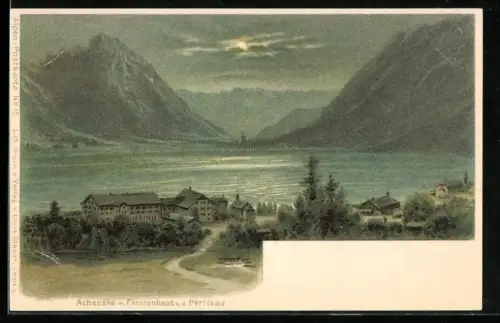 Lithographie Pertisau, Achensee mit Fürstenhaus