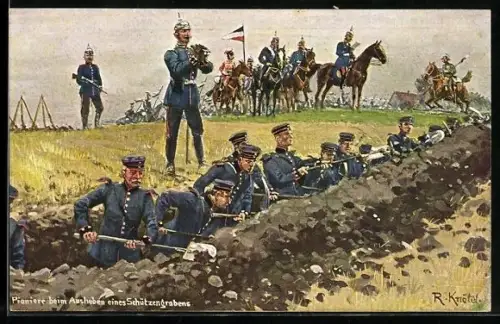 Künstler-AK R. Knötel: deutsche Pioniere beim Ausheben eines Schützengrabens