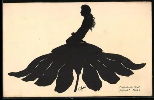 Künstler-AK Diefenbach: Göttl. Jugend I. Bl. 1, Kind kniet auf einer Blüte, Schattenbild