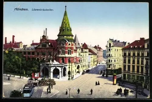 AK München, Strassenbahn am Löwenbräu-Keller