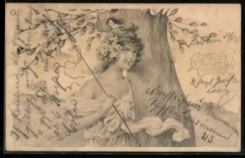 Künstler-AK R. Kratky: Mädchen mit Blumen im Haar unter einer Weide, Fröhliche Ostern