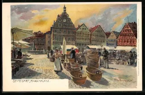 Künstler-AK Fritz Bergen: Stuttgart, Marktplatz mit leeren Körben