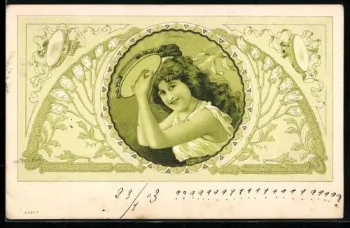 AK Junge Frau mit Tambourin, Jugendstil