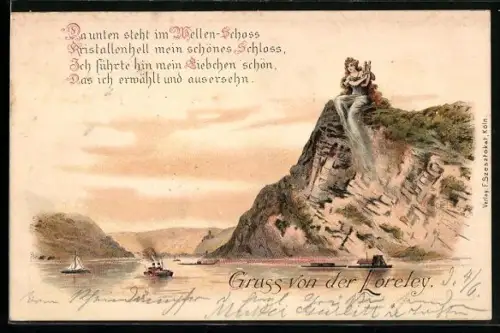 Vorläufer-Lithographie Die Loreley sitzt mit Harfe auf ihrem Felsen am Rhein, 1895