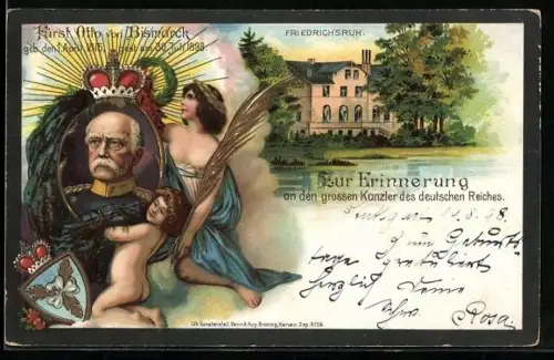 Lithographie Portrait Fürst Otto v. Bismarck, Schloss Friedrichsruh, Wappen