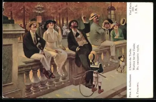 Künstler-AK Albert Guillaume: L`heure du Taube, Passanten beobachten Tauben