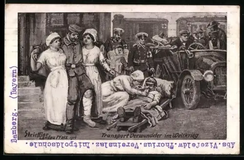 AK Transport Verwundeter im Weltkrieg, Krankenschwestern, Sanitäter, Rotes Kreuz