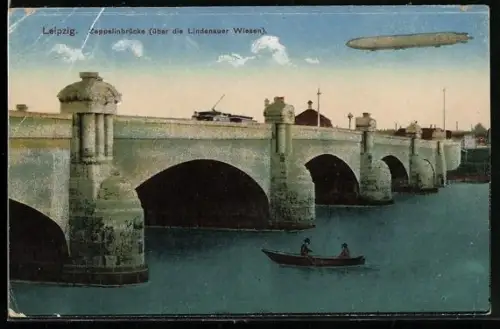 AK Leipzig, Zeppelin fliegt über der Zeppelinbrücke